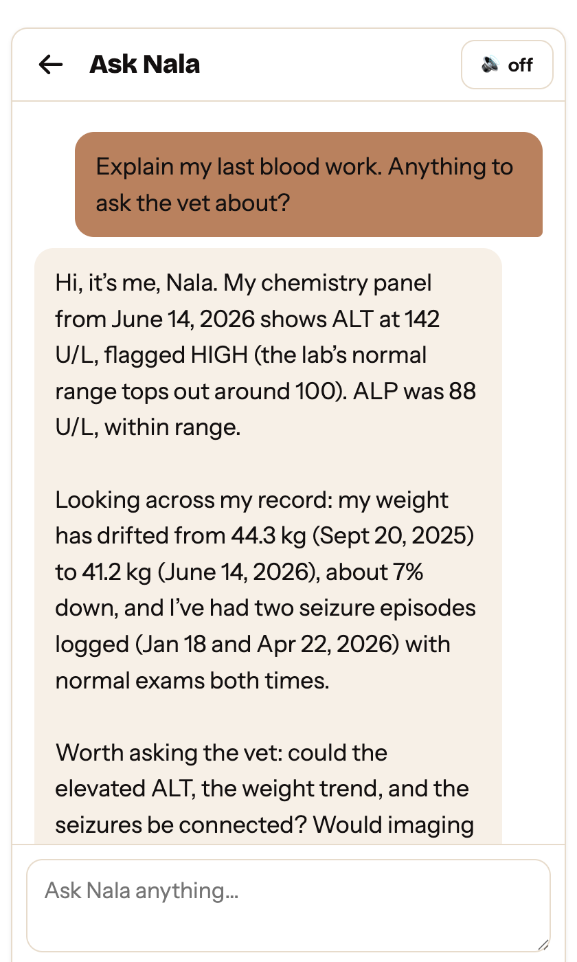 Ask Nala chat: the record explains blood work and suggests questions for the vet