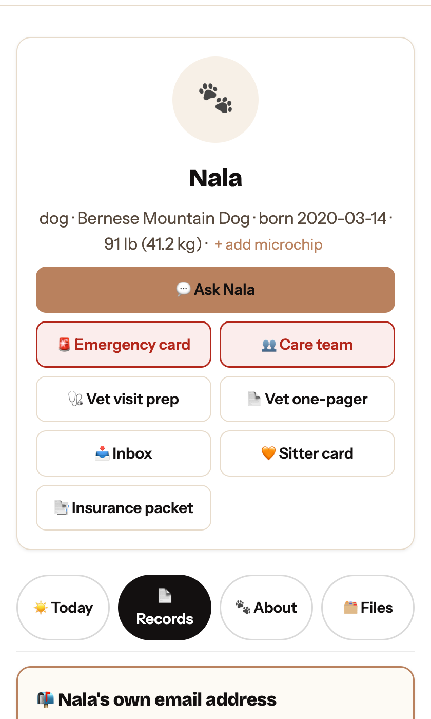 Nala's page in Voocie: Ask Nala, emergency card, care team, inbox, insurance packet