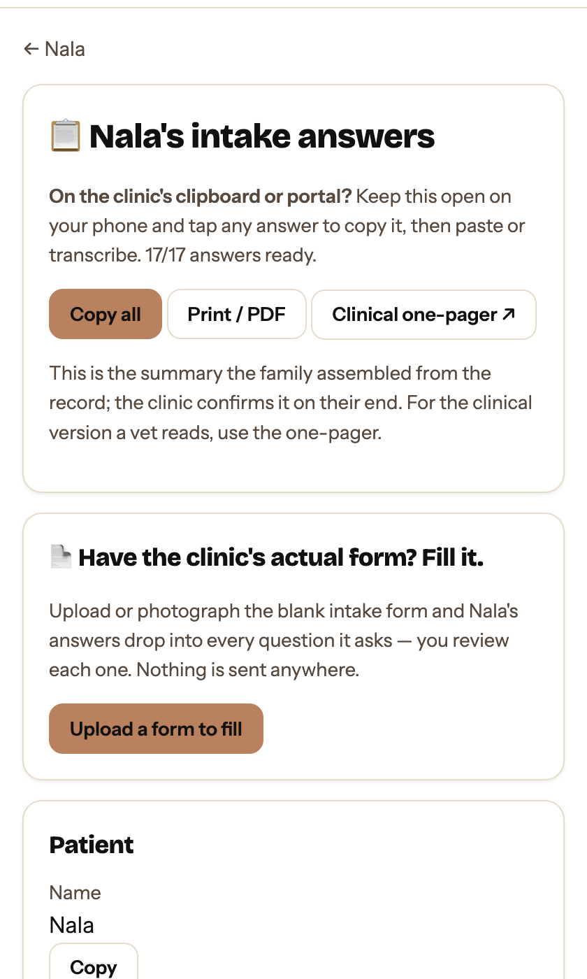 Nala's intake answers: 17 of 17 clipboard answers ready to copy, plus upload-the-clinic's-form to fill