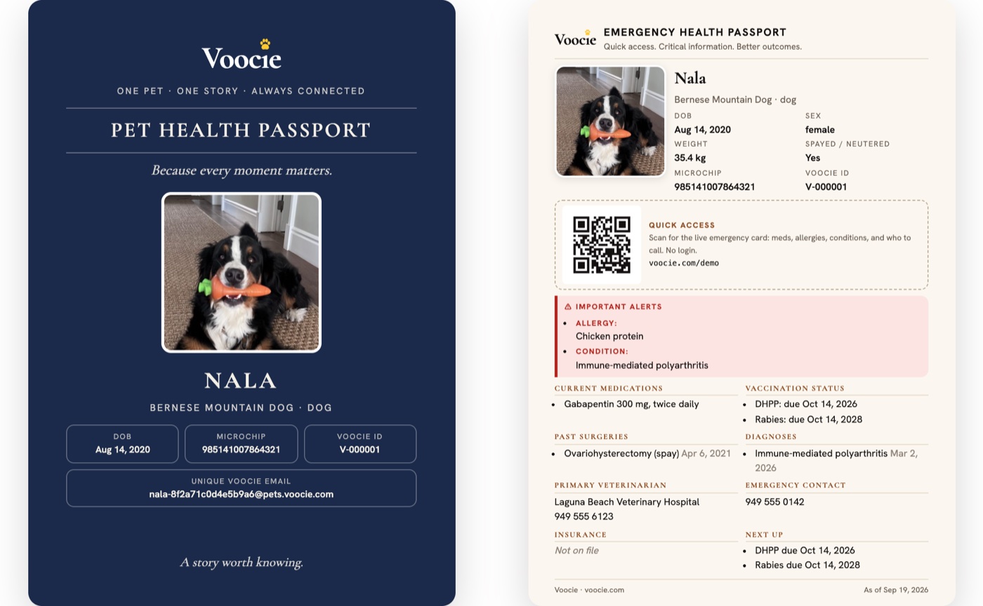Nala's Pet Health Passport: a navy cover with her photo, and the emergency page with allergies, medications, vaccines, her vet, and a QR code