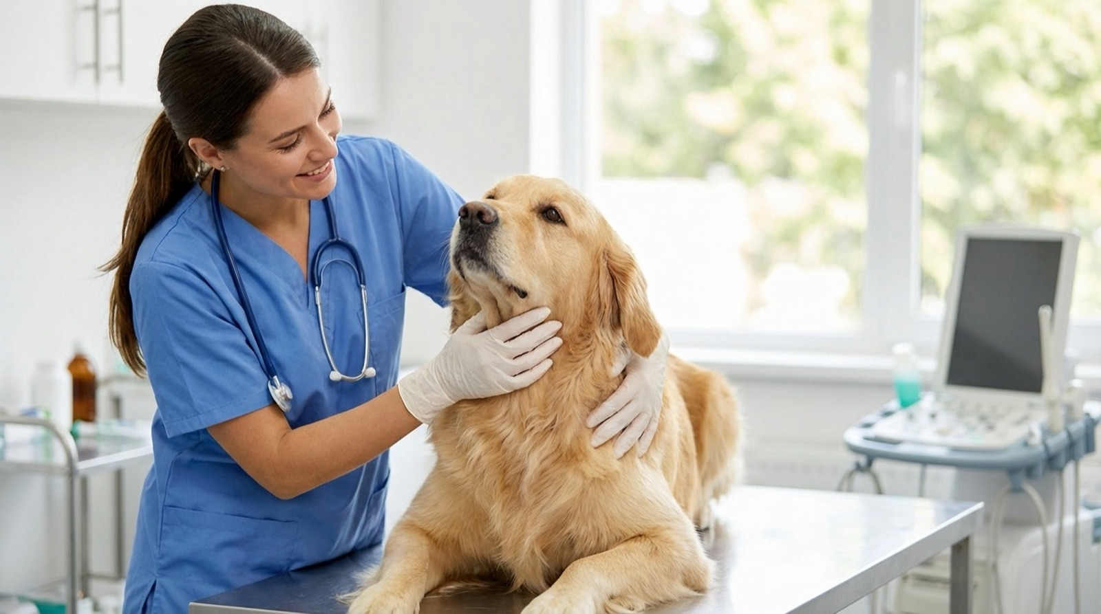 A veterinarian in blue scrubs examining a golden retriever on the exam table